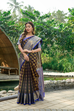 Buy Coffee Brown Viscose Dola Silk Saree With Pichwai Print