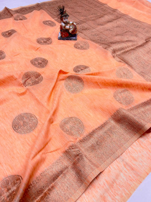 Orange color linen silk saree with zari weaving work