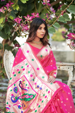 Elora Rani Pink Silk Woven Saree With Unstitched Blouse