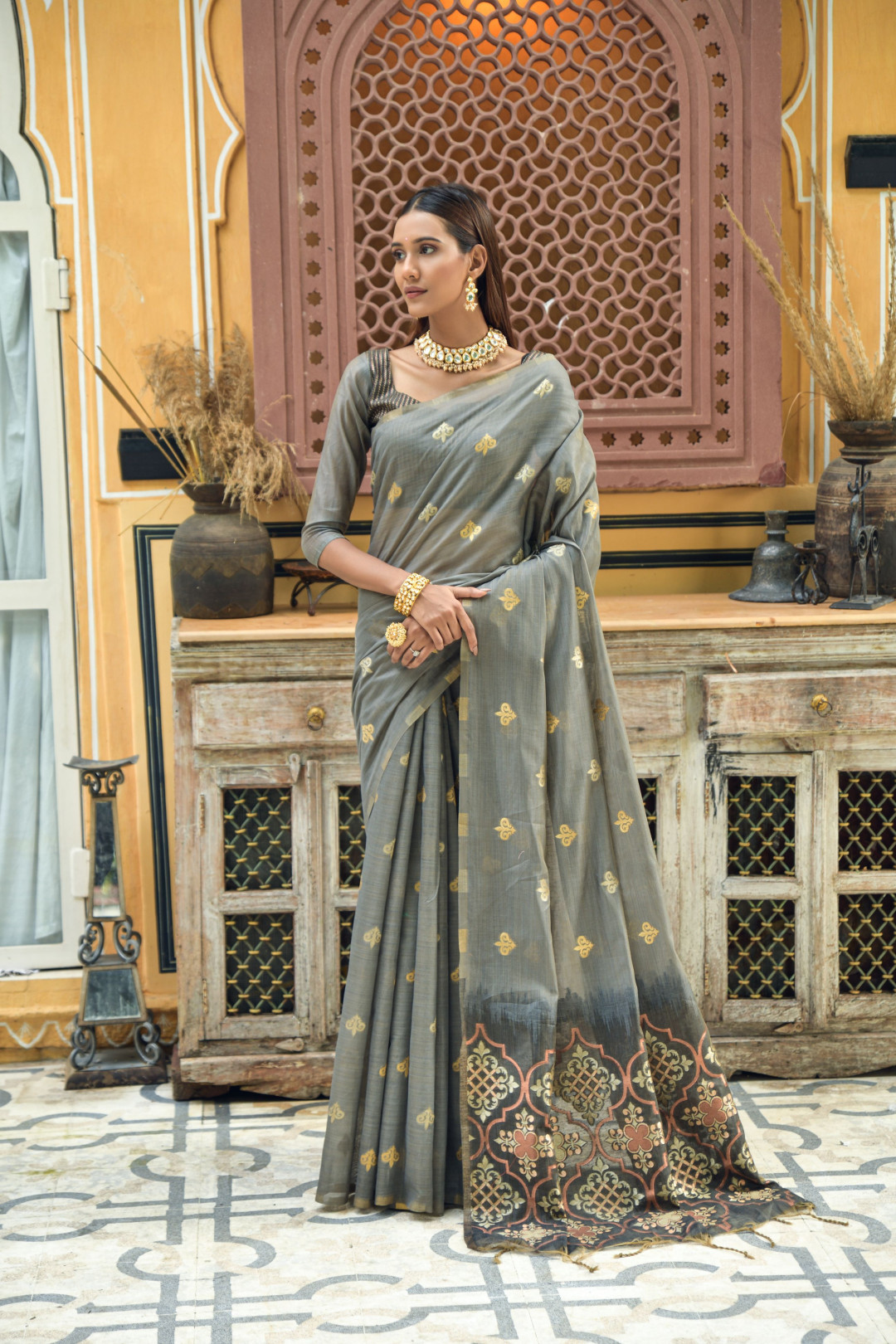 Satin Saree in Dark Gray Color with Unstitched Sequence Blou