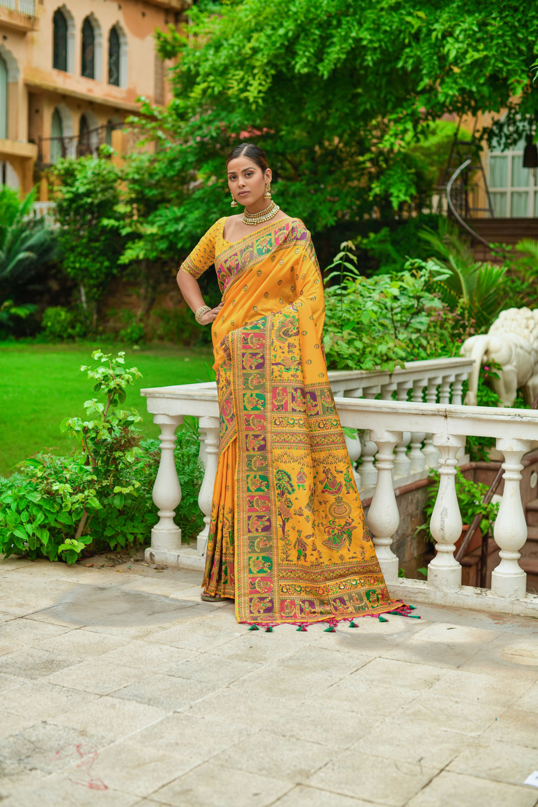 Yellow color banarasi silk saree with zari weaving work