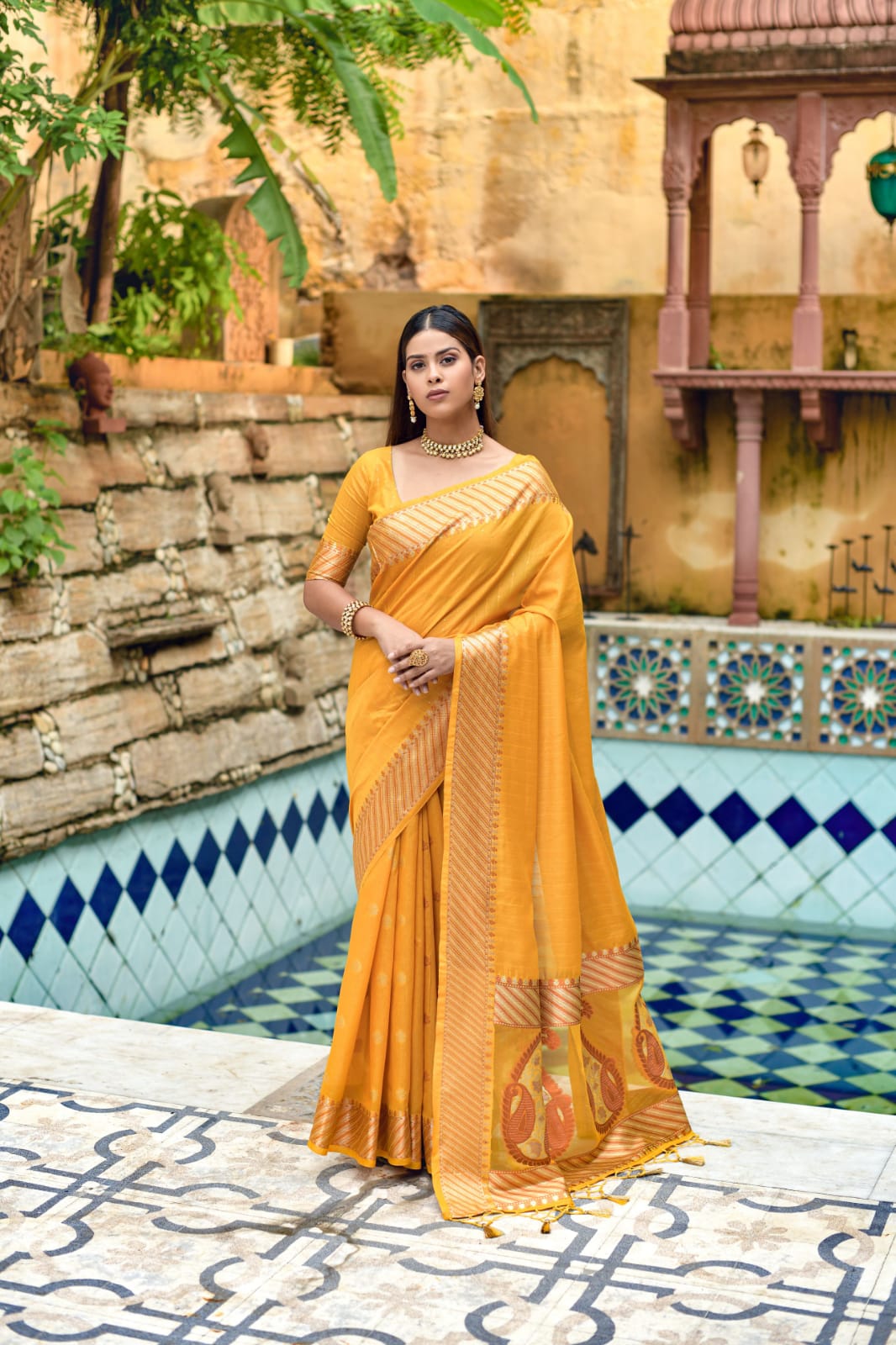 Vishal Prints Olive Yellow Designer Fancy Chiffon Saree With Foil Prin