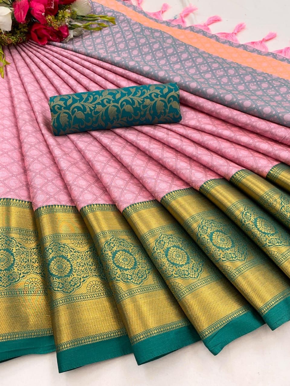 Gadwal Cotton Silk Checks And Butta Orange Saree | Kankatala