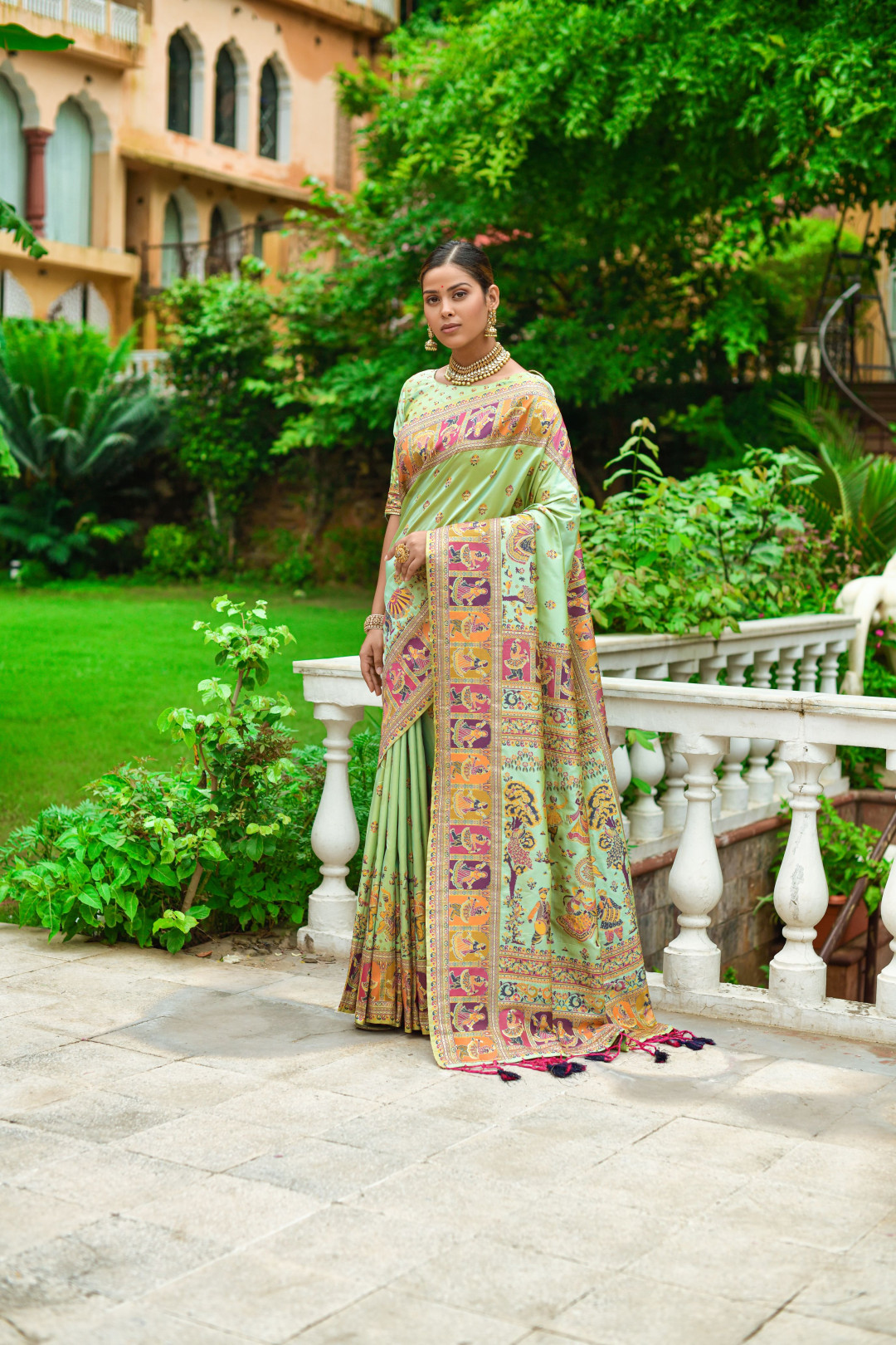 Green color banarasi silk saree with zari weaving work