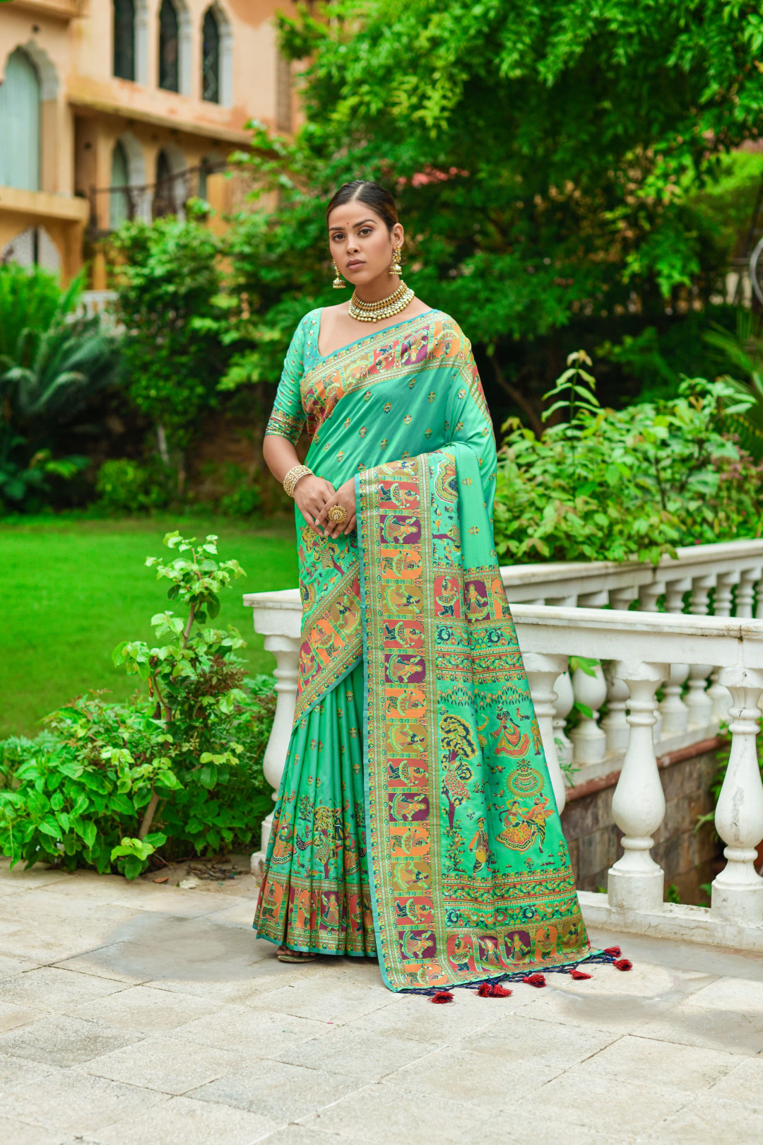 Green color banarasi silk saree with zari weaving work