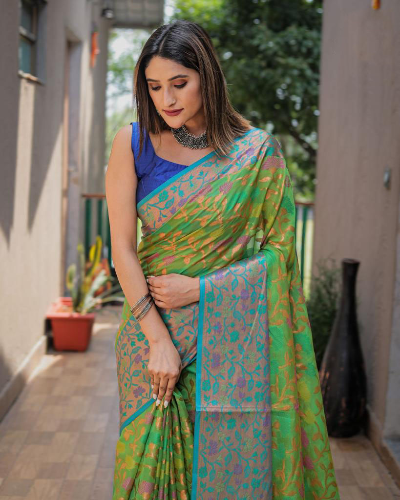 Parrot green color kanchipuram silk saree with zari weaving work