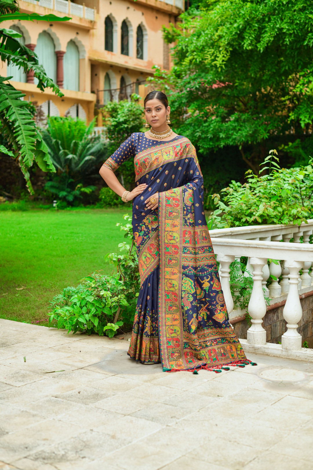 Navy blue color banarasi silk saree with zari weaving work