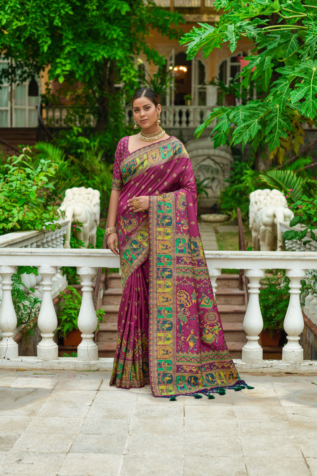 Magenta color banarasi silk saree with zari weaving work