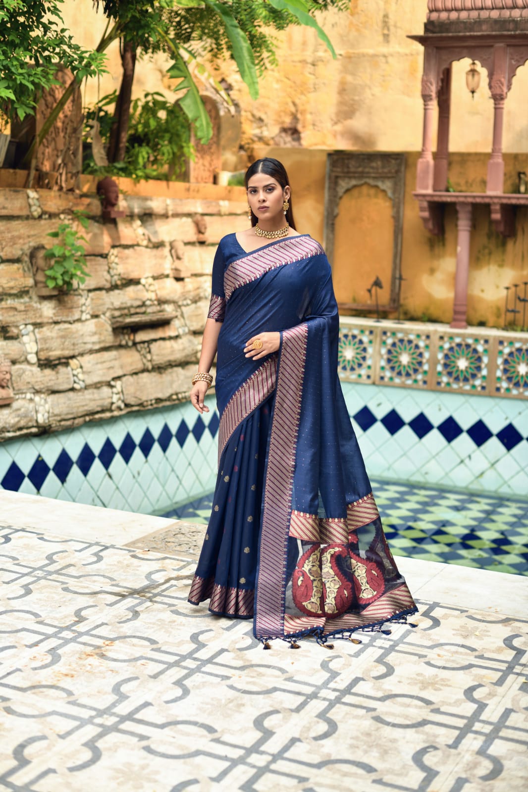 Navy Blue Lichi Silk Saree With Jacquard Weaving and Blouse Indian Saree  Shop | Indian sarees, Indian blouse, Saree