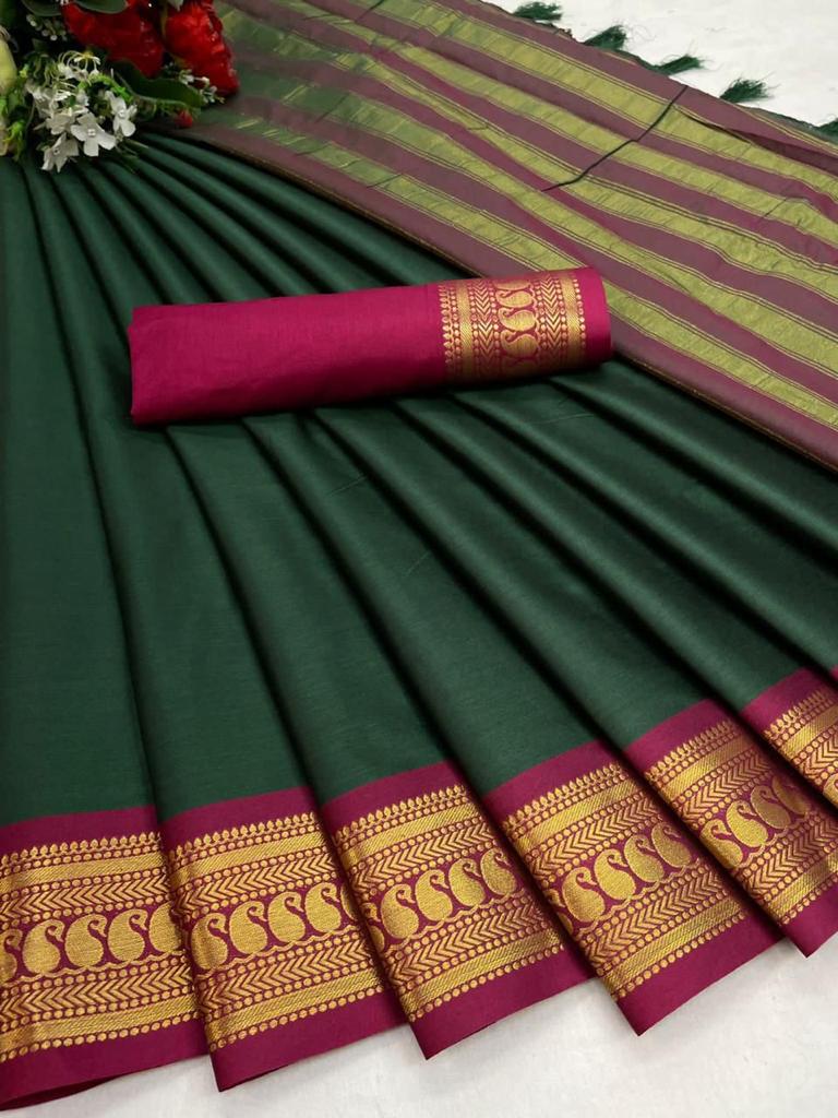 Dark green color cotton silk saree with zari weaving work