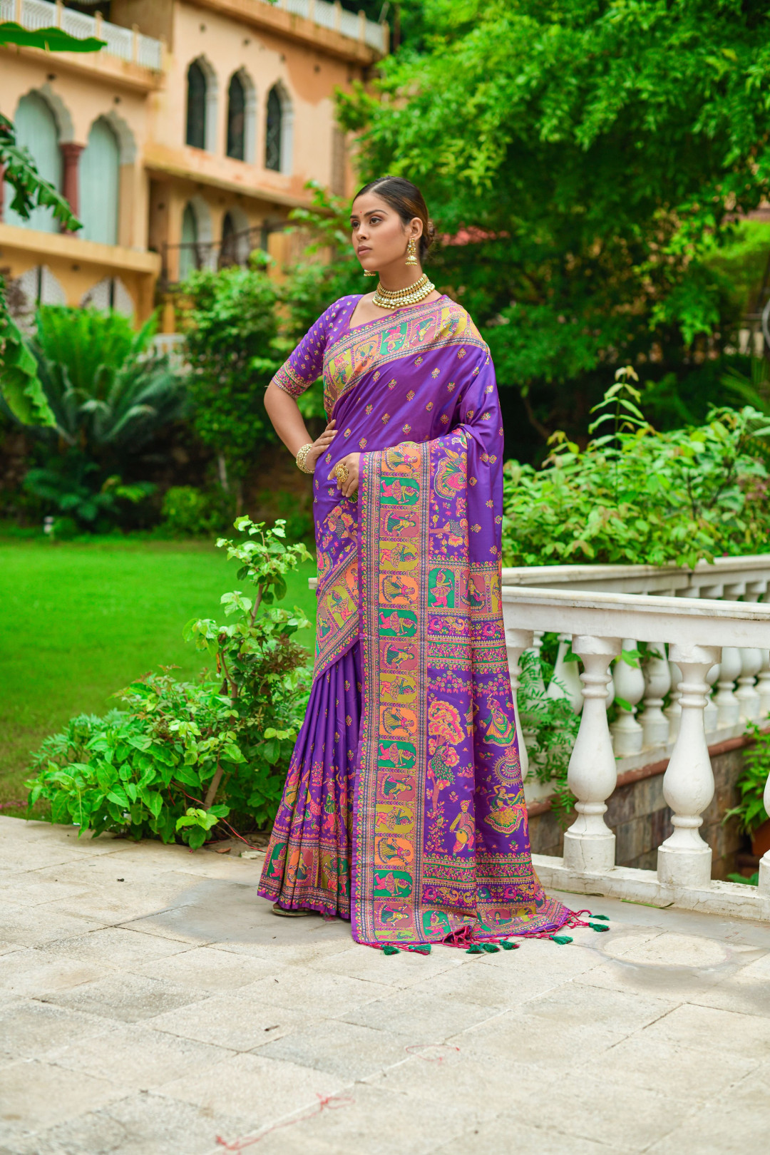 Purple color banarasi silk saree with zari weaving work