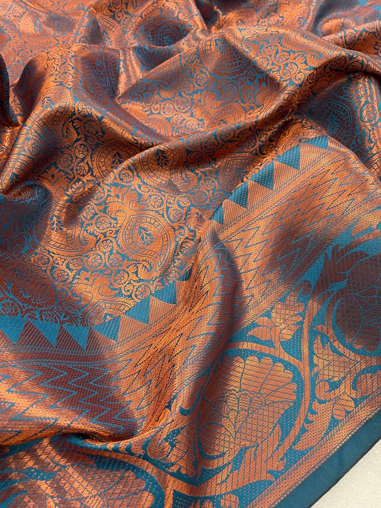 Firoji color kanchipuram silk saree with zari woven work