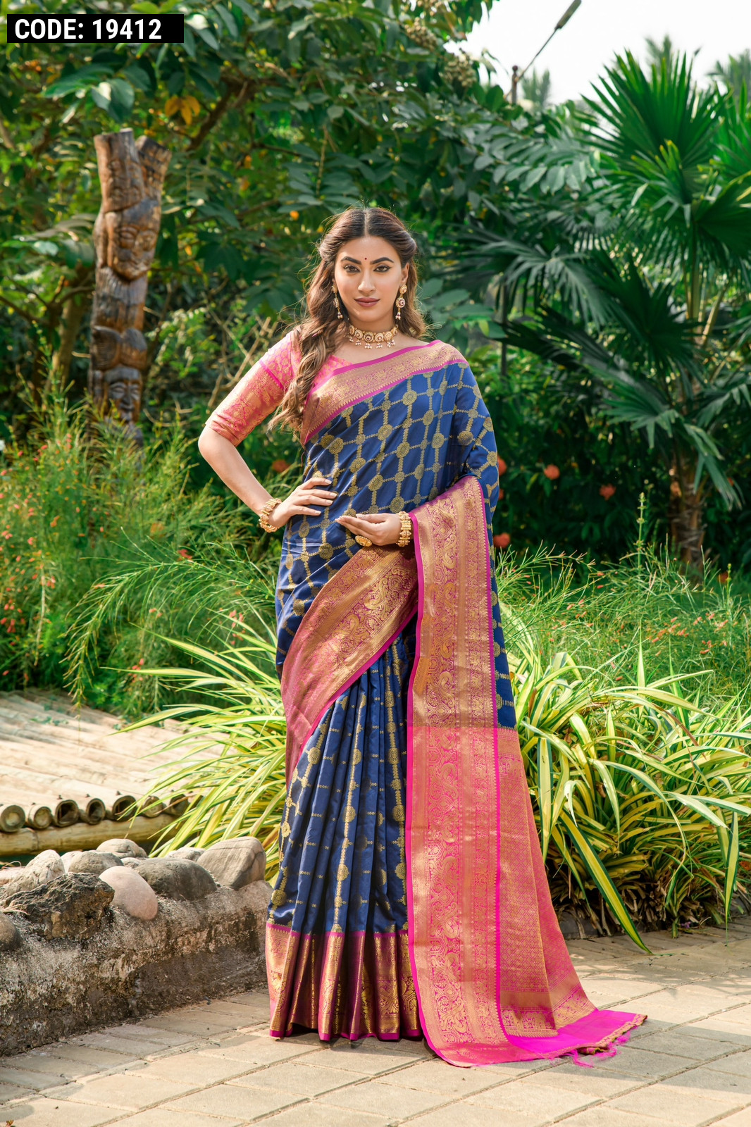 Navy Blue Georgette Saree With Embellished Blouse 4196SR07