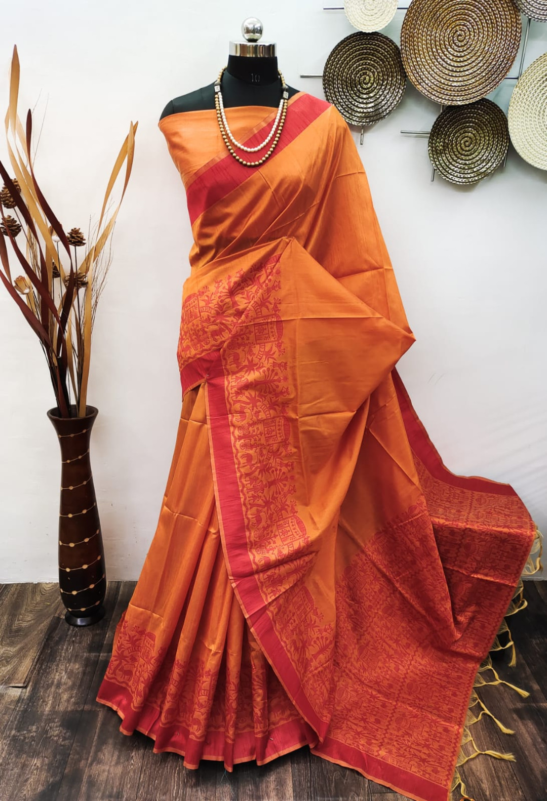 Orange Woven Tussar Silk Saree With Woven Pallu | Kolour