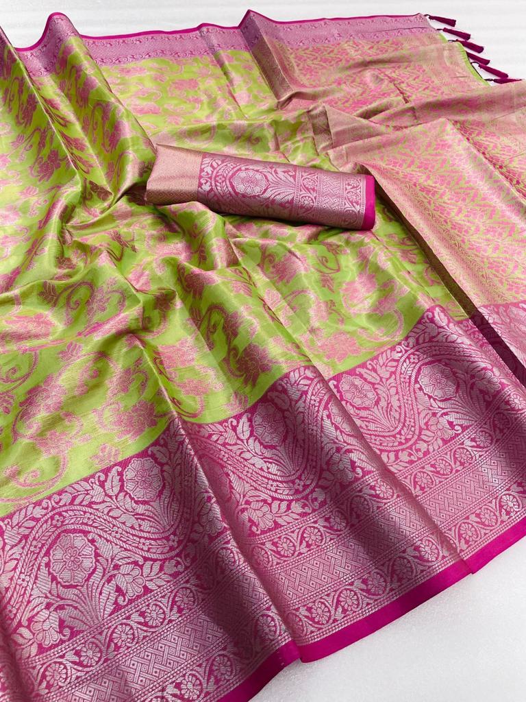 Parrot green color kanchipuram silk saree with zari woven work