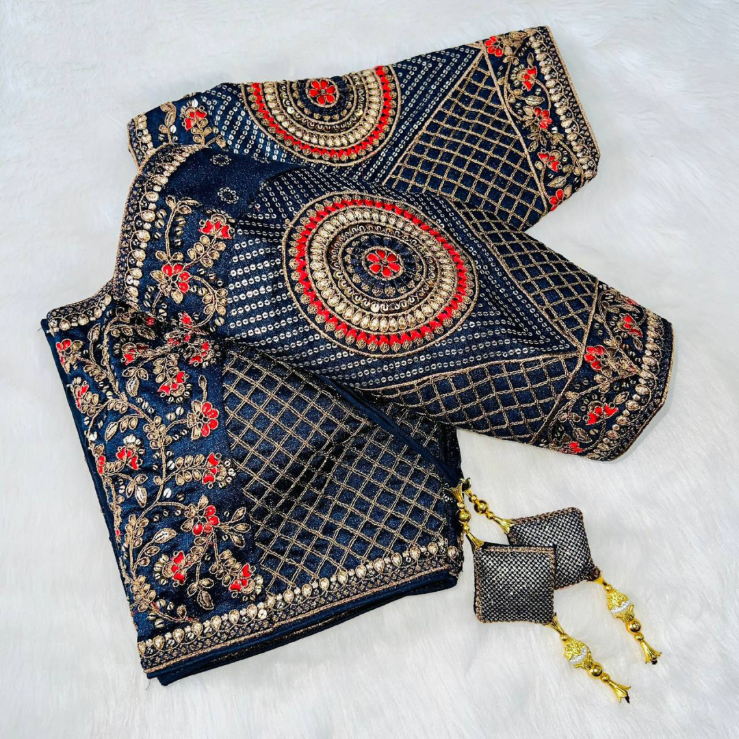 Copper jari heavy embroidery work navy blue color blouse