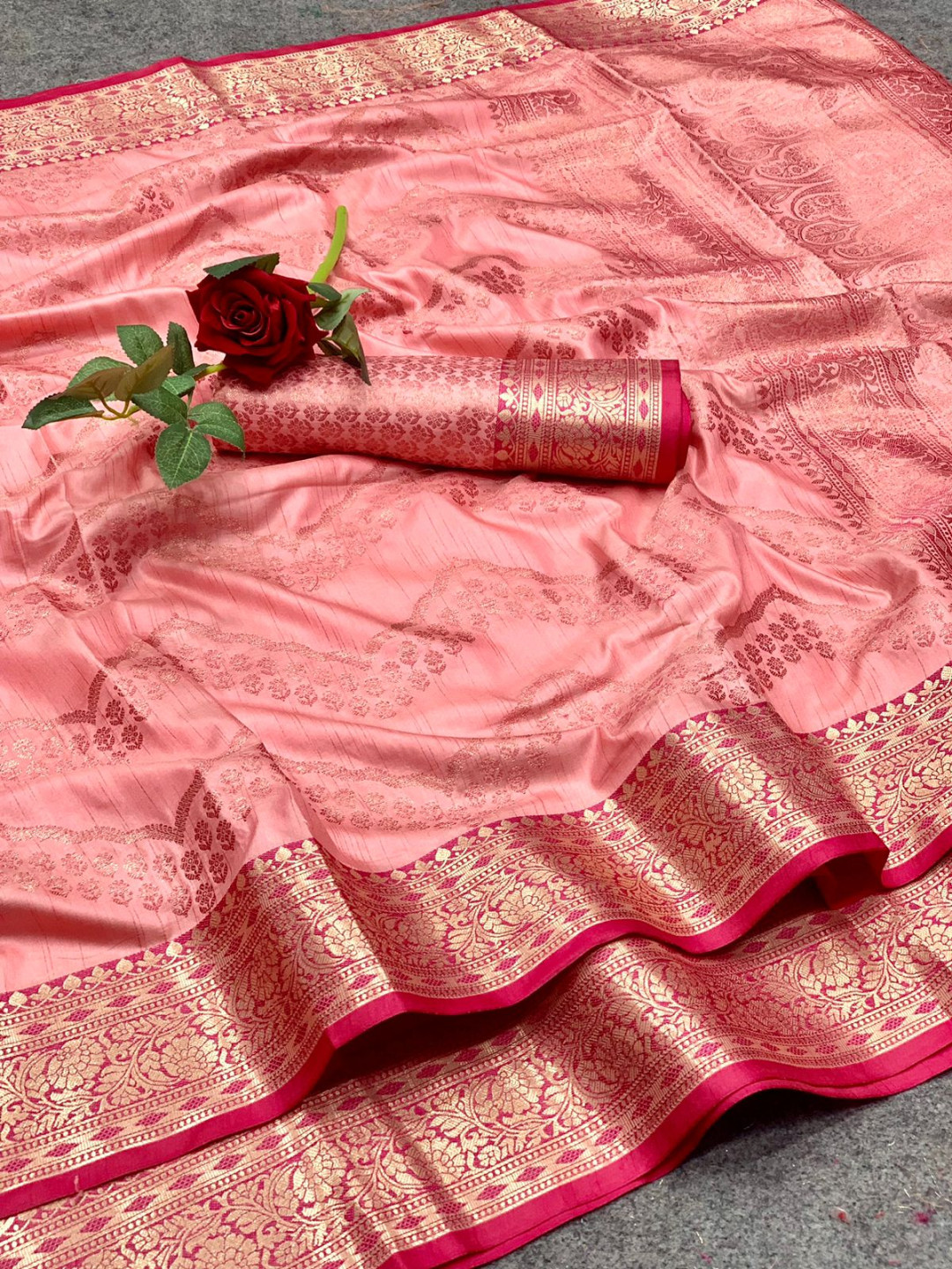 Baby pink color linen silk saree with golden zari weaving work