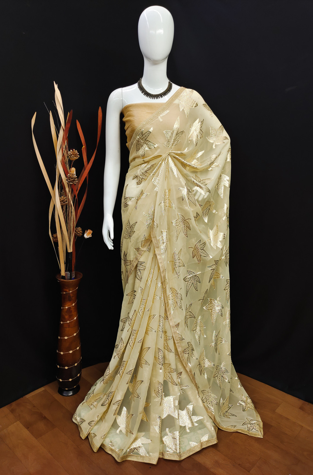 Georgette Saree with Foil Print with Attached Weaving Border With Zari Work  Blouse